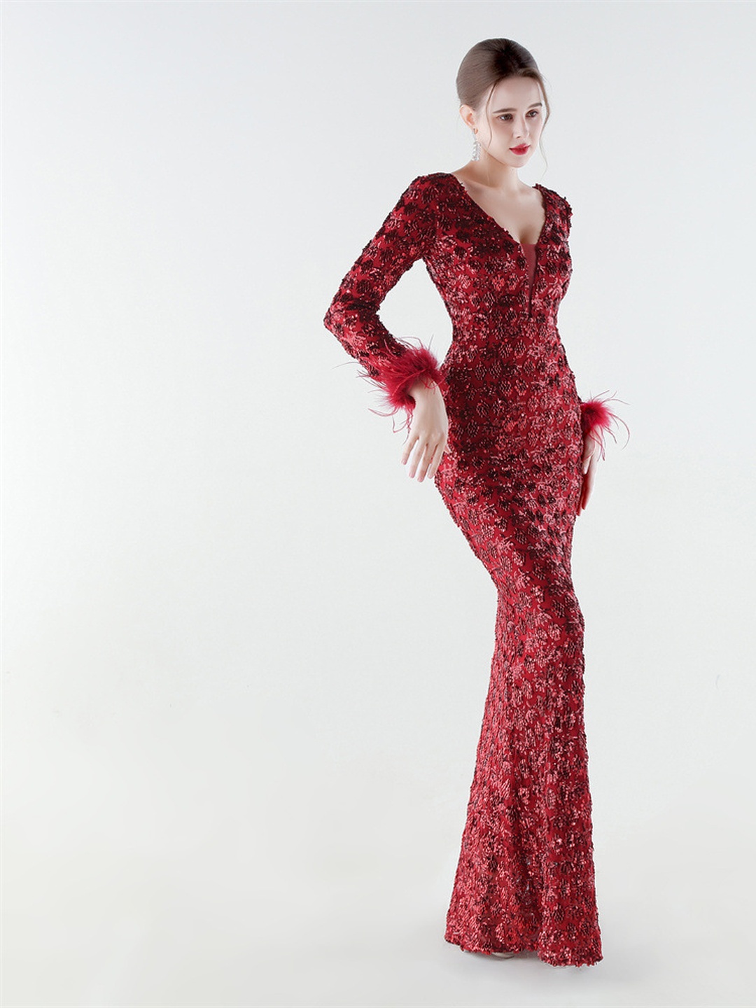 Red Sequin V-Neck Long Sleeve Feather Cuff Evening Gown