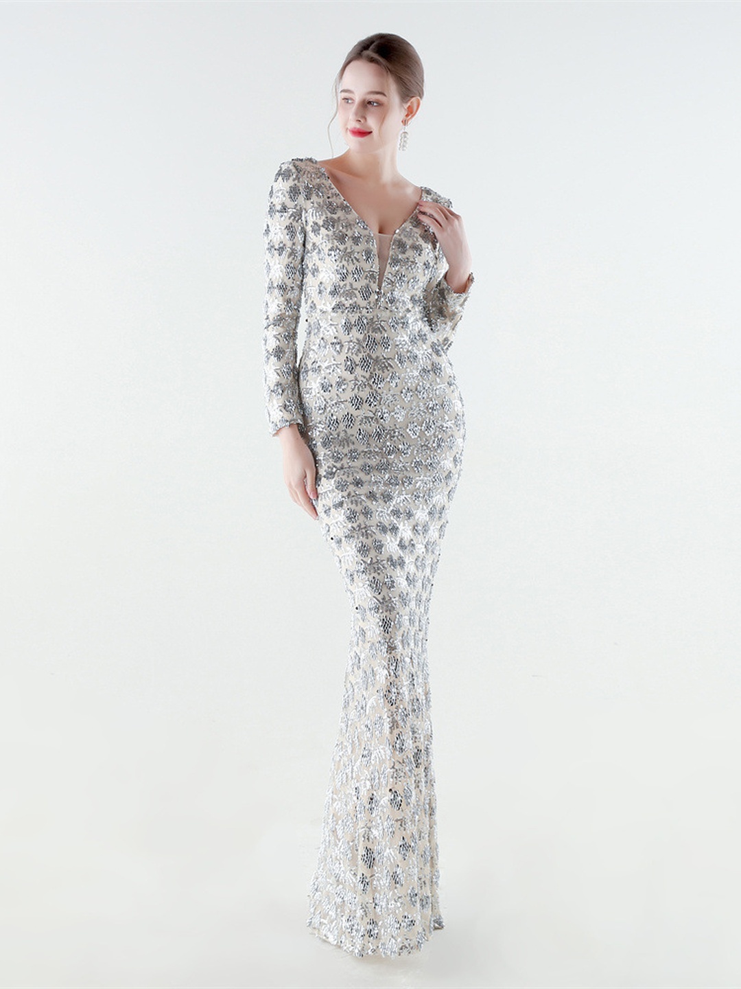 Silver Sequin V-Neck Long Sleeve Mermaid Evening Gown