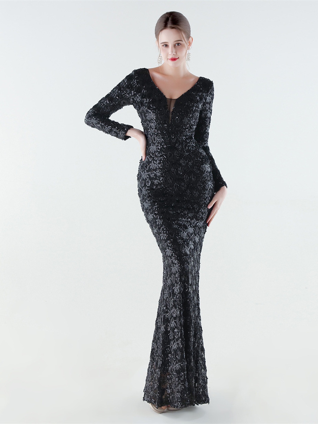 Black Long-Sleeve V-Neck Lace Evening Gown