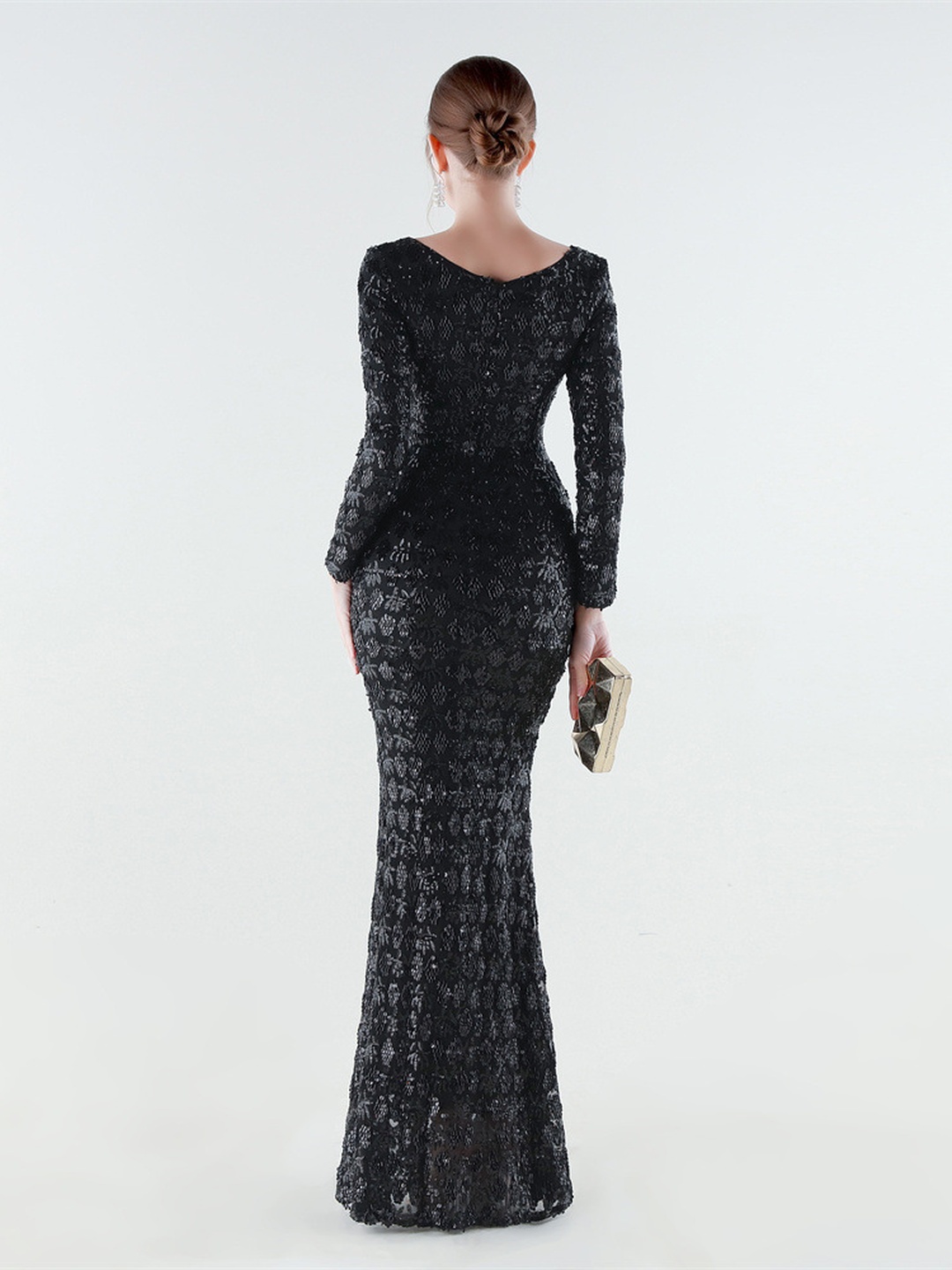 Black Long-Sleeve V-Neck Lace Evening Gown