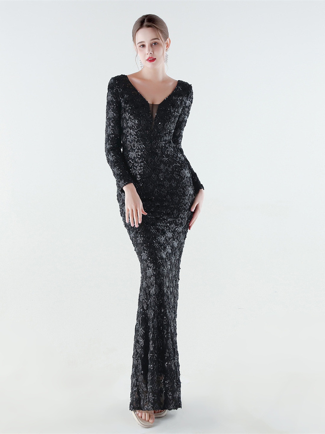 Black Long-Sleeve V-Neck Lace Evening Gown