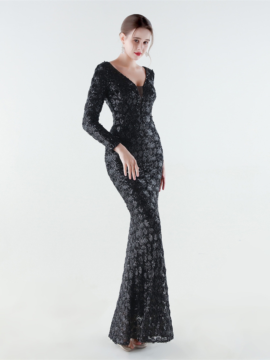 Black Long-Sleeve V-Neck Lace Evening Gown