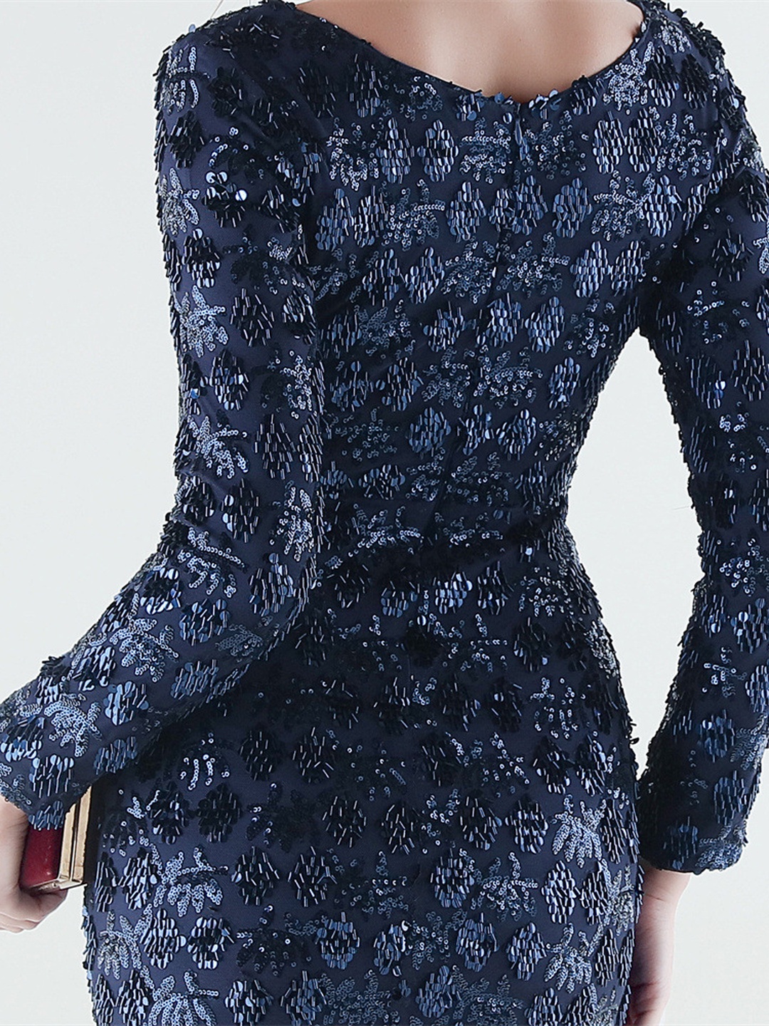 Navy Blue Beaded V-Neck Long Sleeve Mermaid Evening Dress