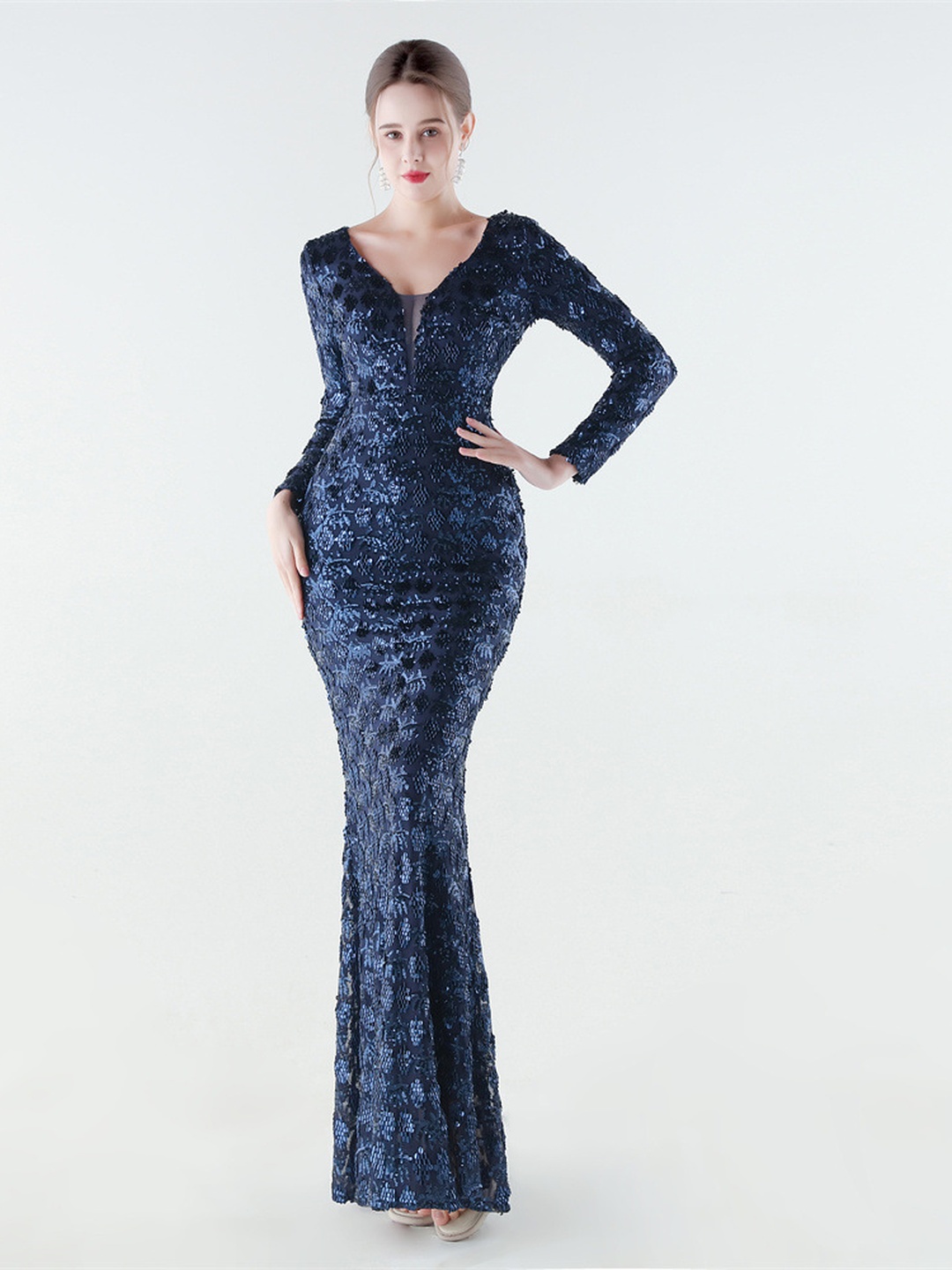 Navy Blue Beaded V-Neck Long Sleeve Mermaid Evening Dress