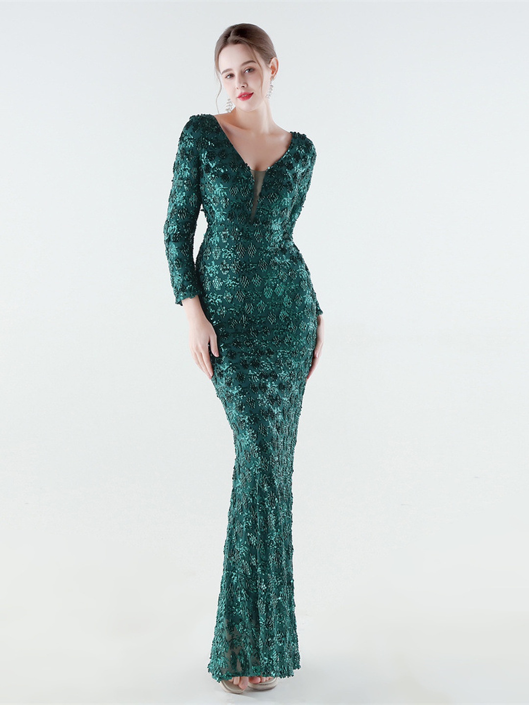 Emerald Green Beaded V-Neck Long Sleeve Evening Gown