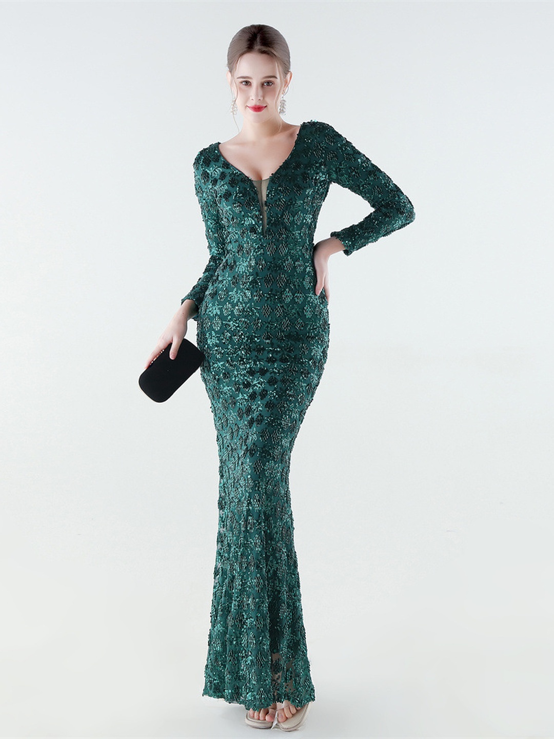 Emerald Green Beaded V-Neck Long Sleeve Evening Gown