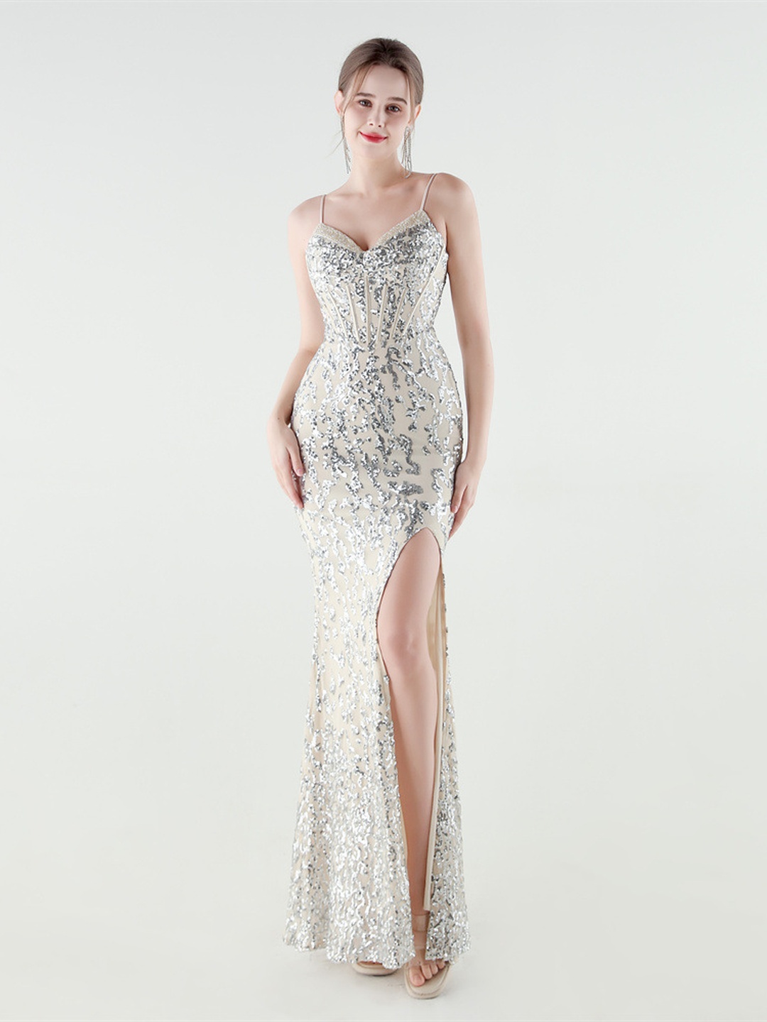 Silver Sequin Corset Evening Gown with Spaghetti Straps and Slit