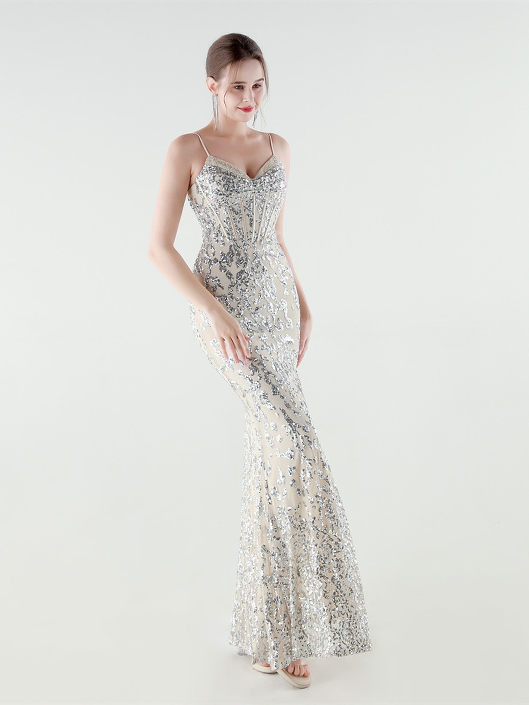 Silver Sequin Corset Evening Gown with Spaghetti Straps and Slit