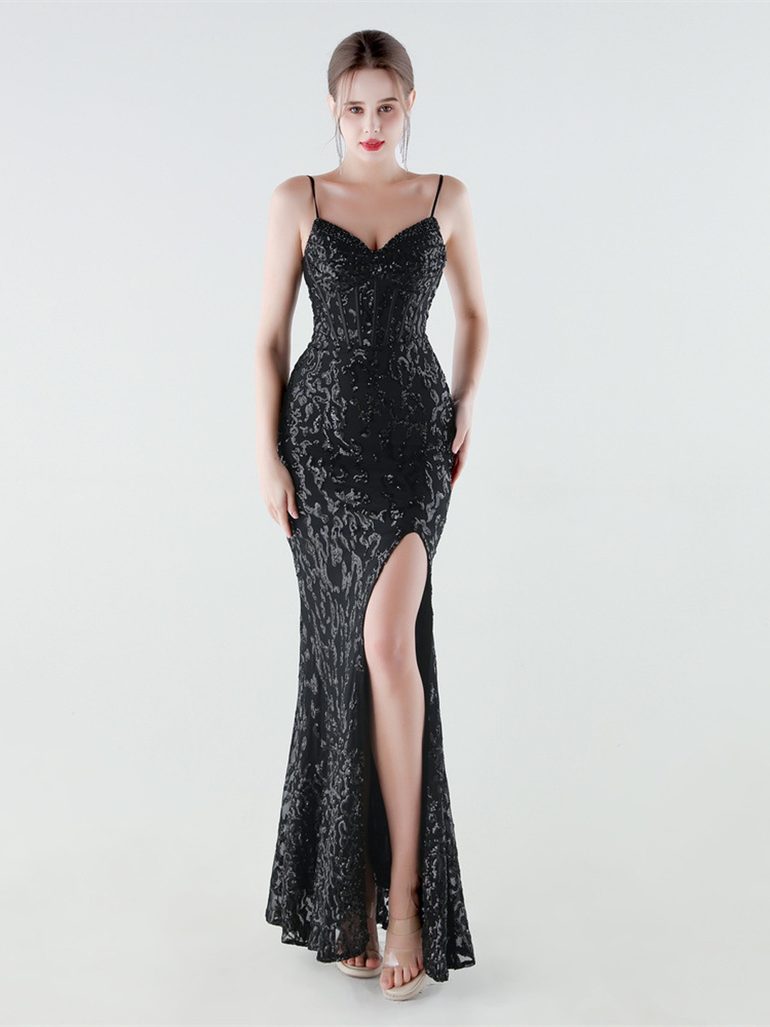 Black Lace Corset Evening Dress with Spaghetti Straps and High Slit