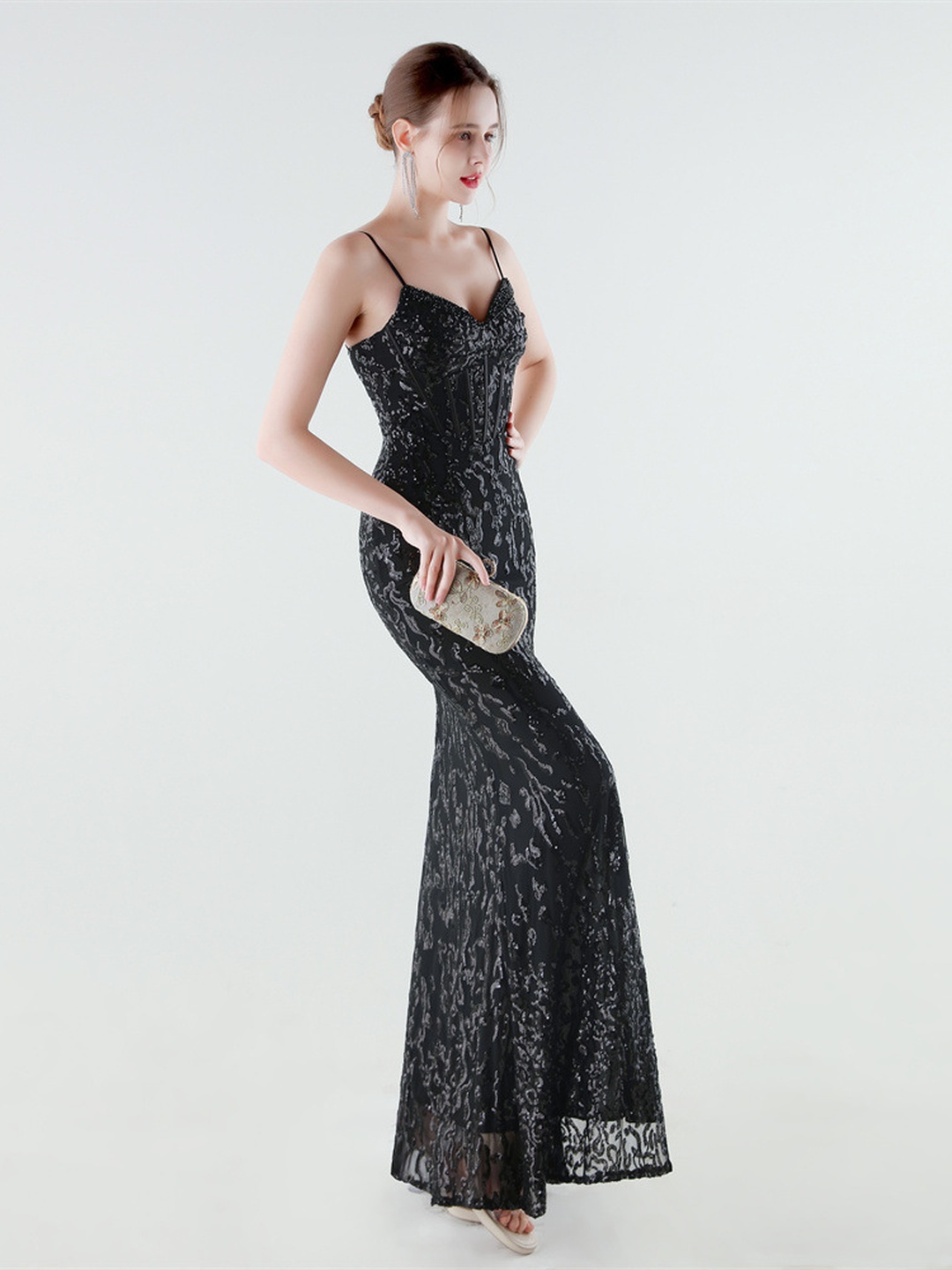 Black Lace Corset Evening Dress with Spaghetti Straps and High Slit