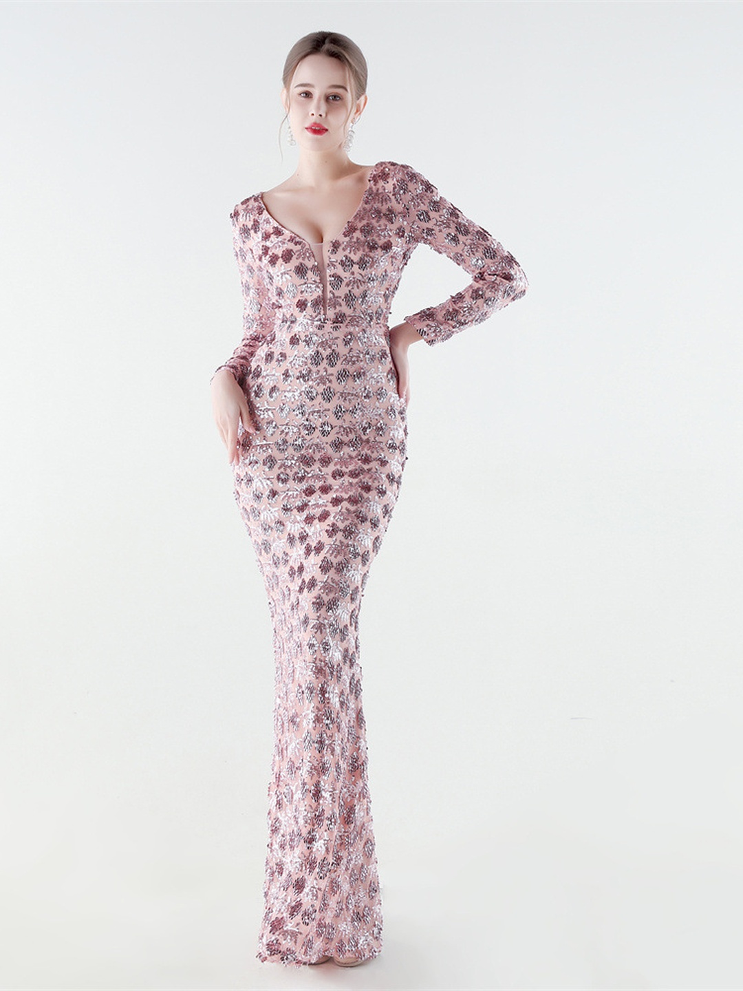 Pink Sequin V-Neck Long Sleeve Mermaid Evening Dress