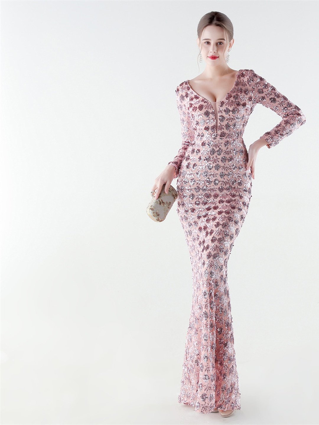 Pink Sequin V-Neck Long Sleeve Mermaid Evening Dress