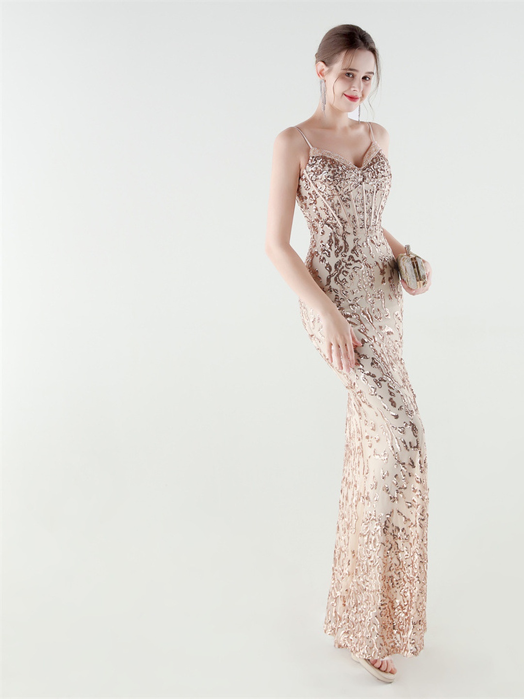 Champagne Sequin Beaded Corset Evening Dress with Side Slit