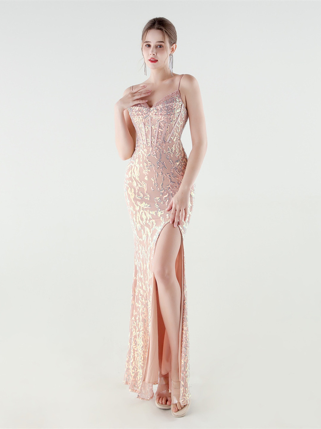 Blush Sequin Spaghetti Strap Mermaid Evening Dress with Slit