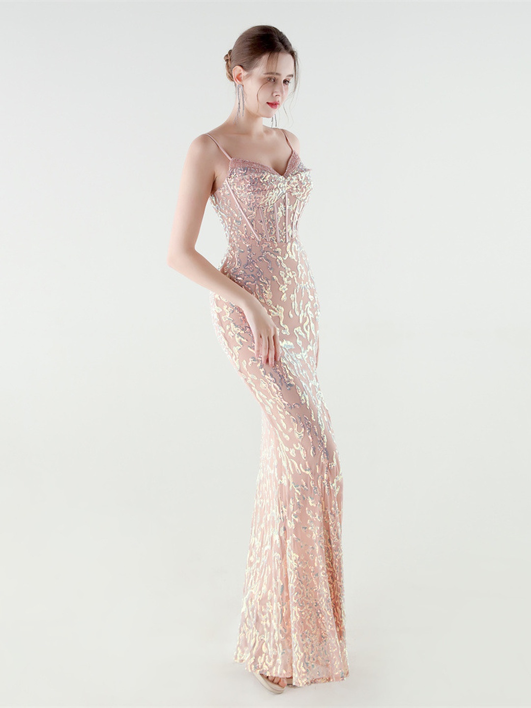 Blush Sequin Spaghetti Strap Mermaid Evening Dress with Slit