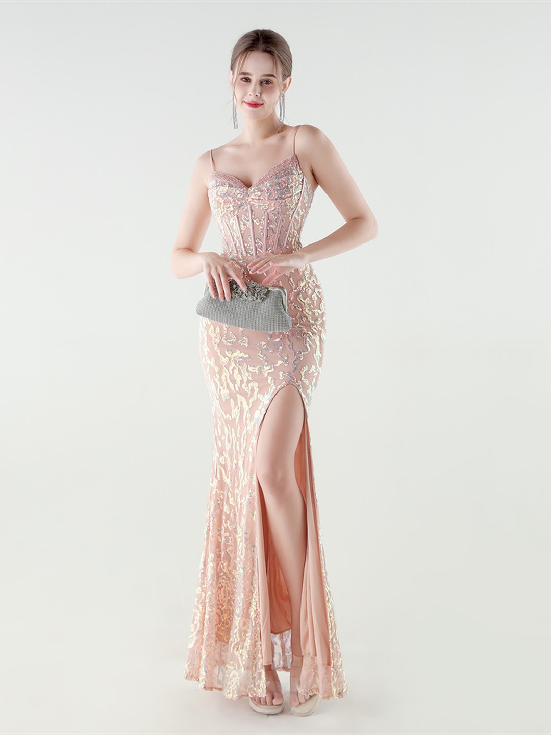 Blush Sequin Spaghetti Strap Mermaid Evening Dress with Slit