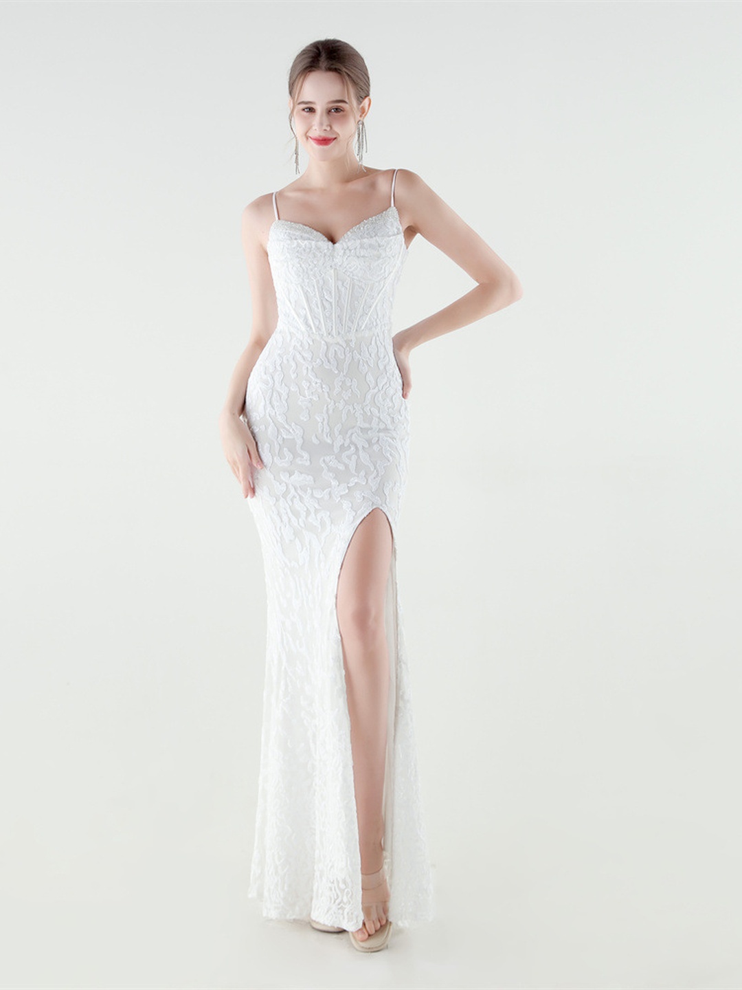 White Lace Corset Evening Gown with Spaghetti Straps and Side Slit