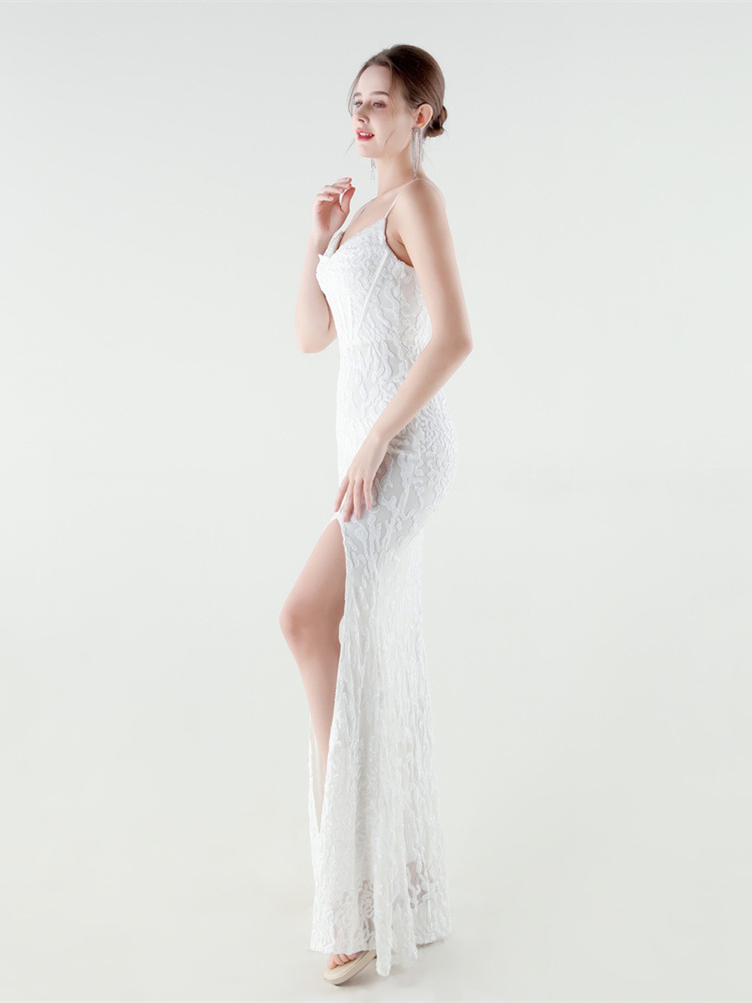 White Lace Corset Evening Gown with Spaghetti Straps and Side Slit