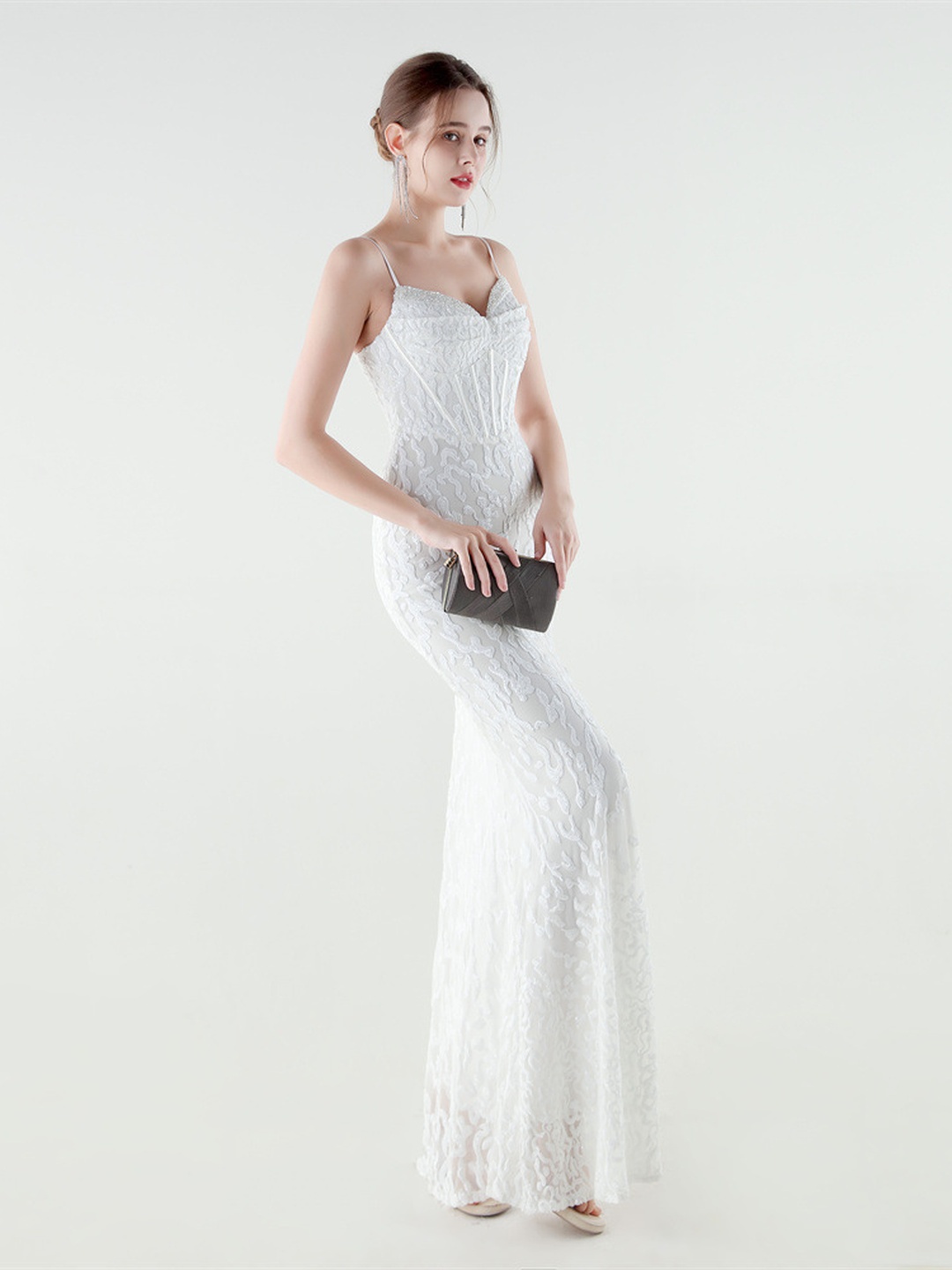 White Lace Corset Evening Gown with Spaghetti Straps and Side Slit