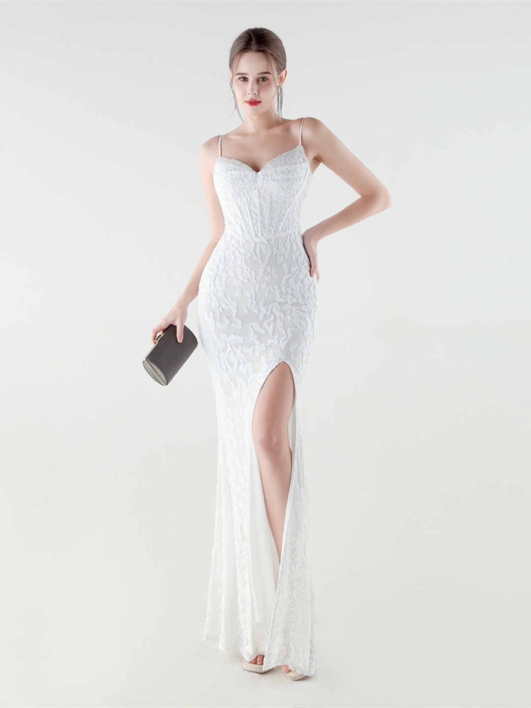 White Lace Corset Evening Gown with Spaghetti Straps and Side Slit