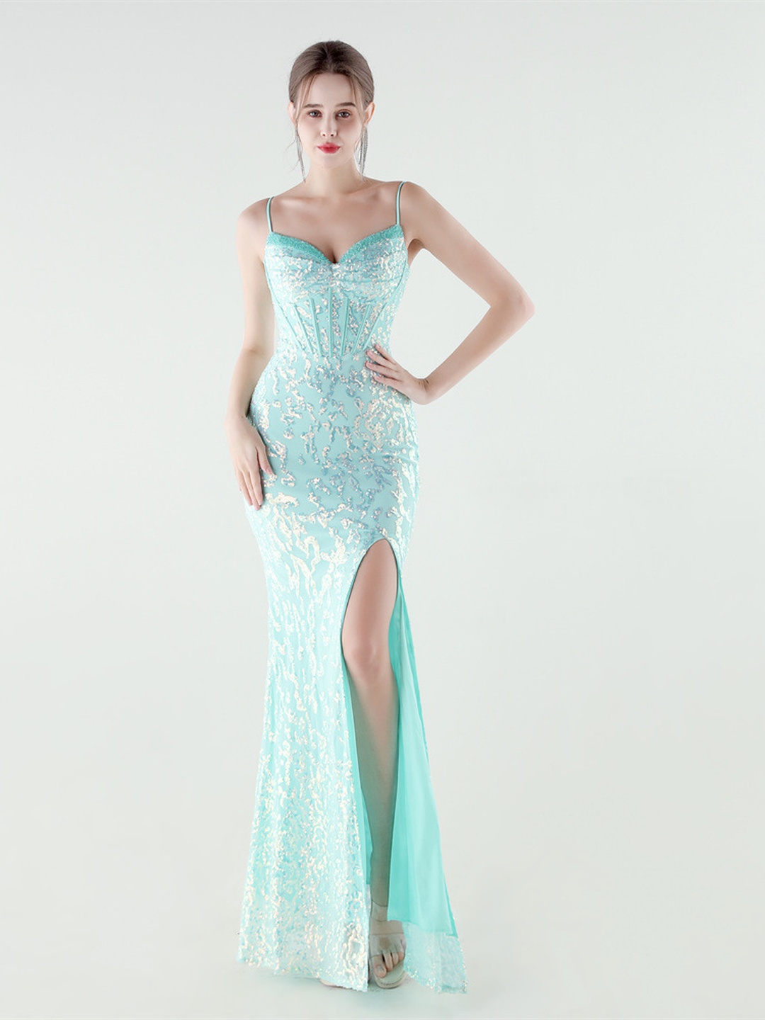 Aqua Sequin Embroidered Corset Evening Gown with High Slit