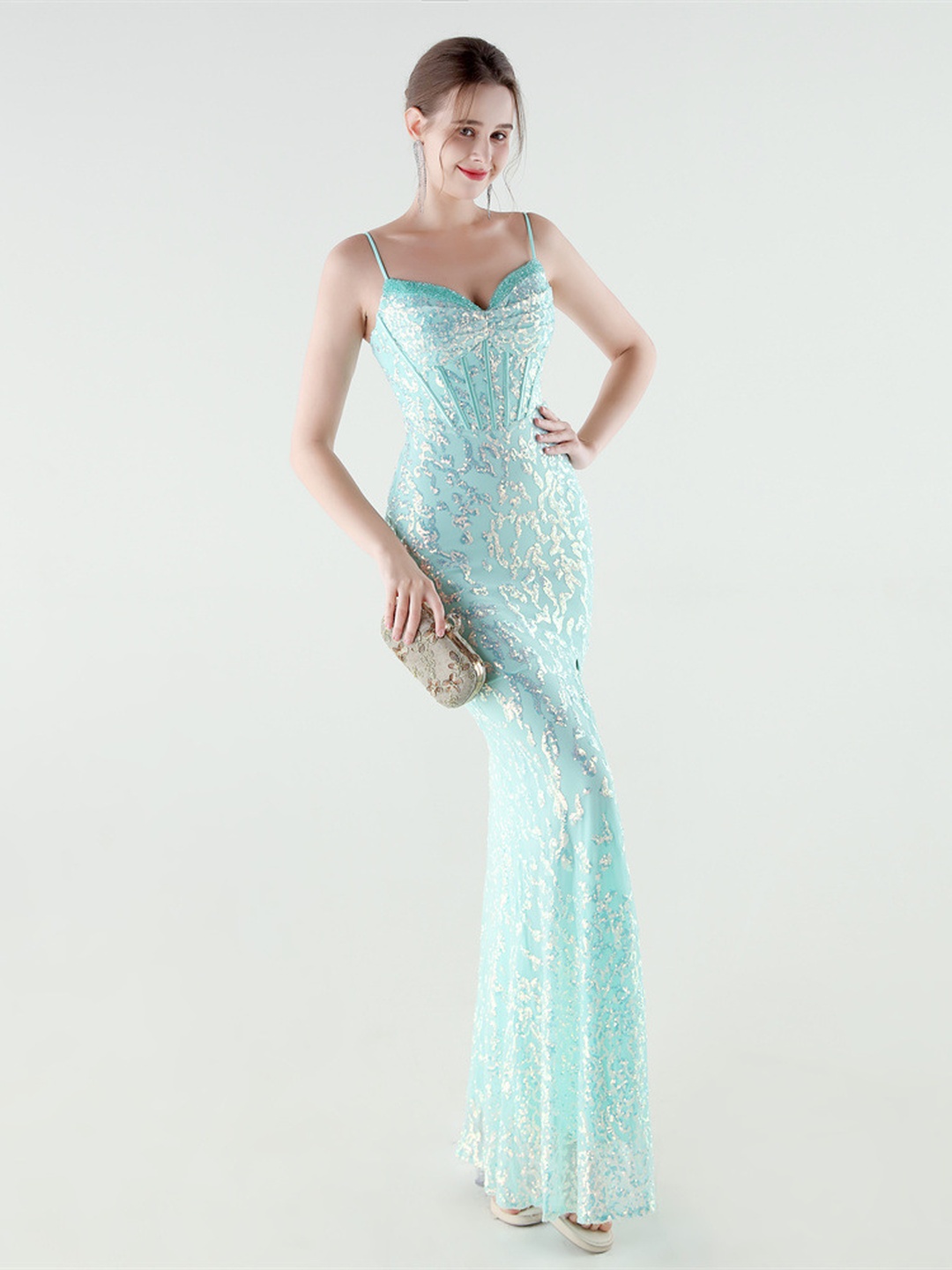 Aqua Sequin Embroidered Corset Evening Gown with High Slit