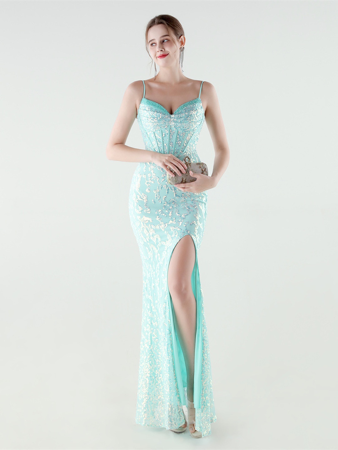 Aqua Sequin Embroidered Corset Evening Gown with High Slit