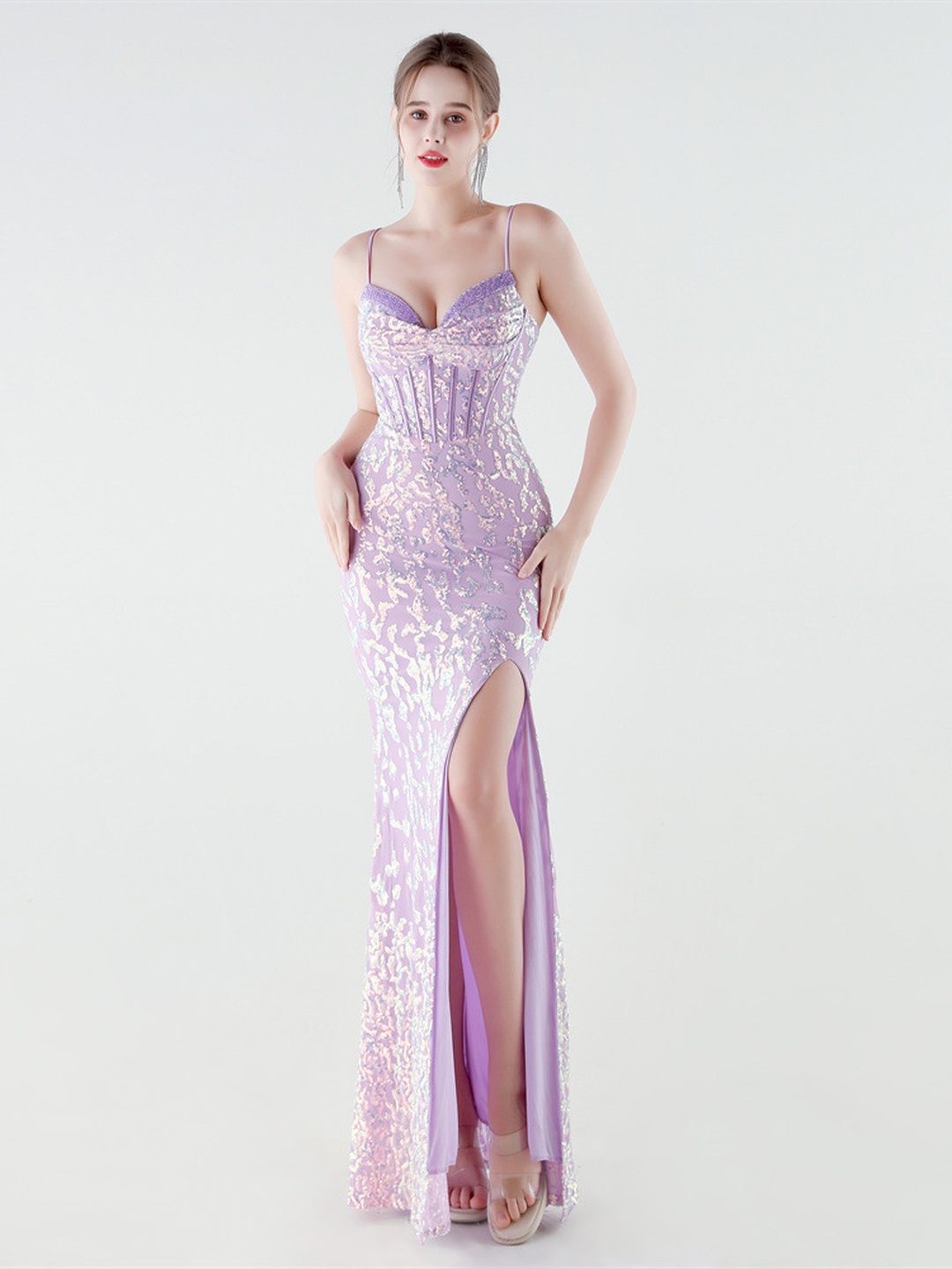 Lilac Sequin Corset Bodice Spaghetti Strap Evening Dress with Slit
