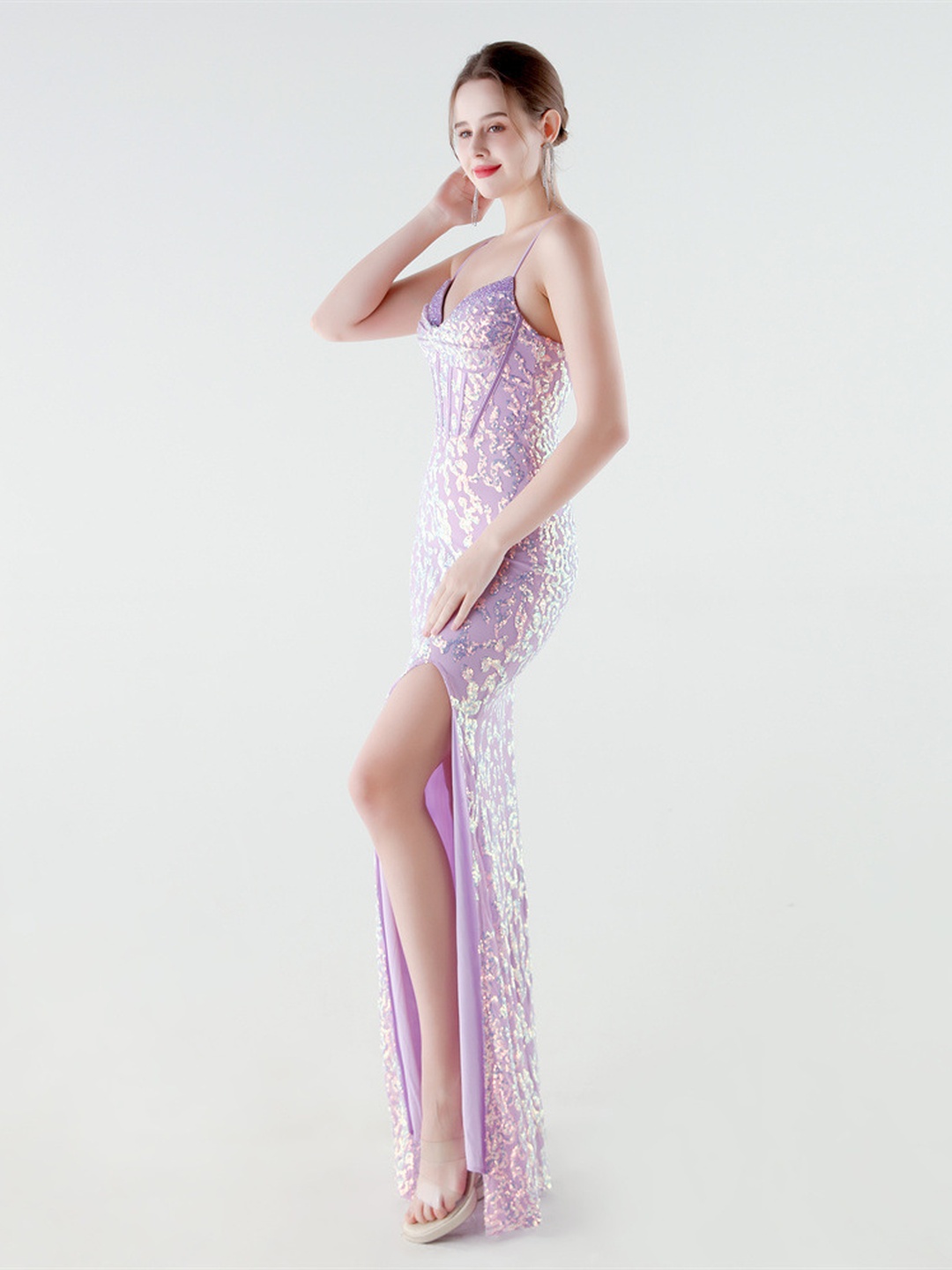 Lilac Sequin Corset Bodice Spaghetti Strap Evening Dress with Slit