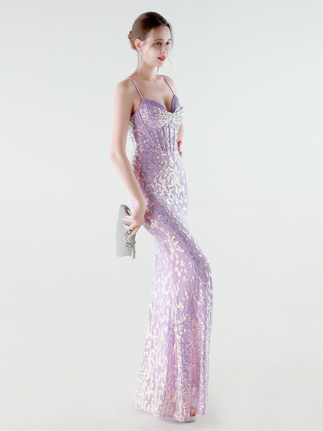 Lilac Sequin Corset Bodice Spaghetti Strap Evening Dress with Slit