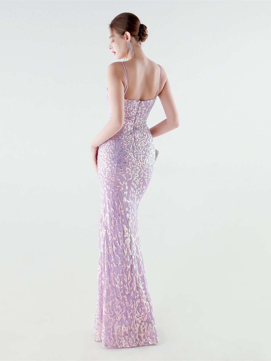 Lilac Sequin Corset Bodice Spaghetti Strap Evening Dress with Slit