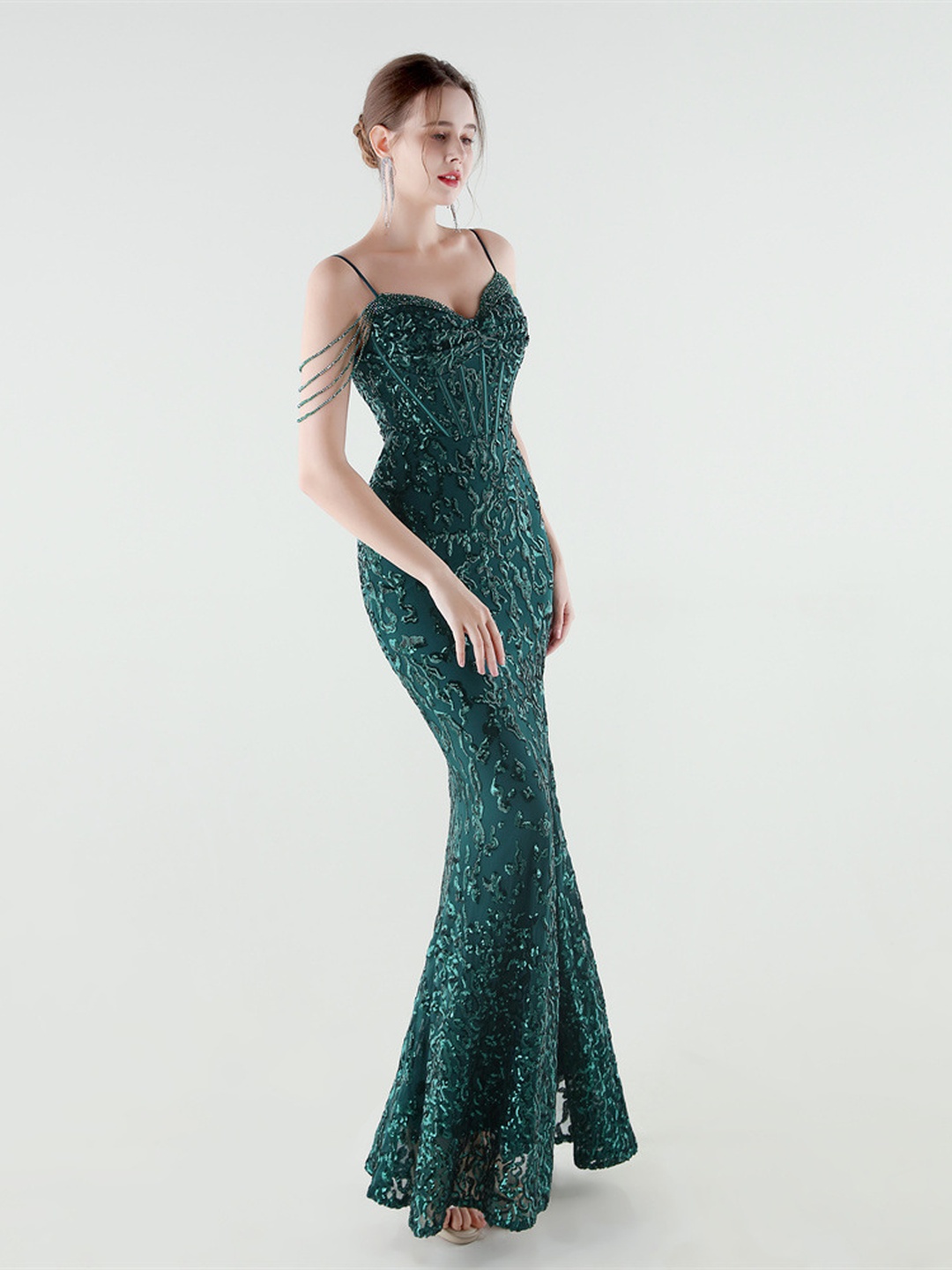 Dark Green Sequin Beaded Corset Mermaid Evening Dress with Slit
