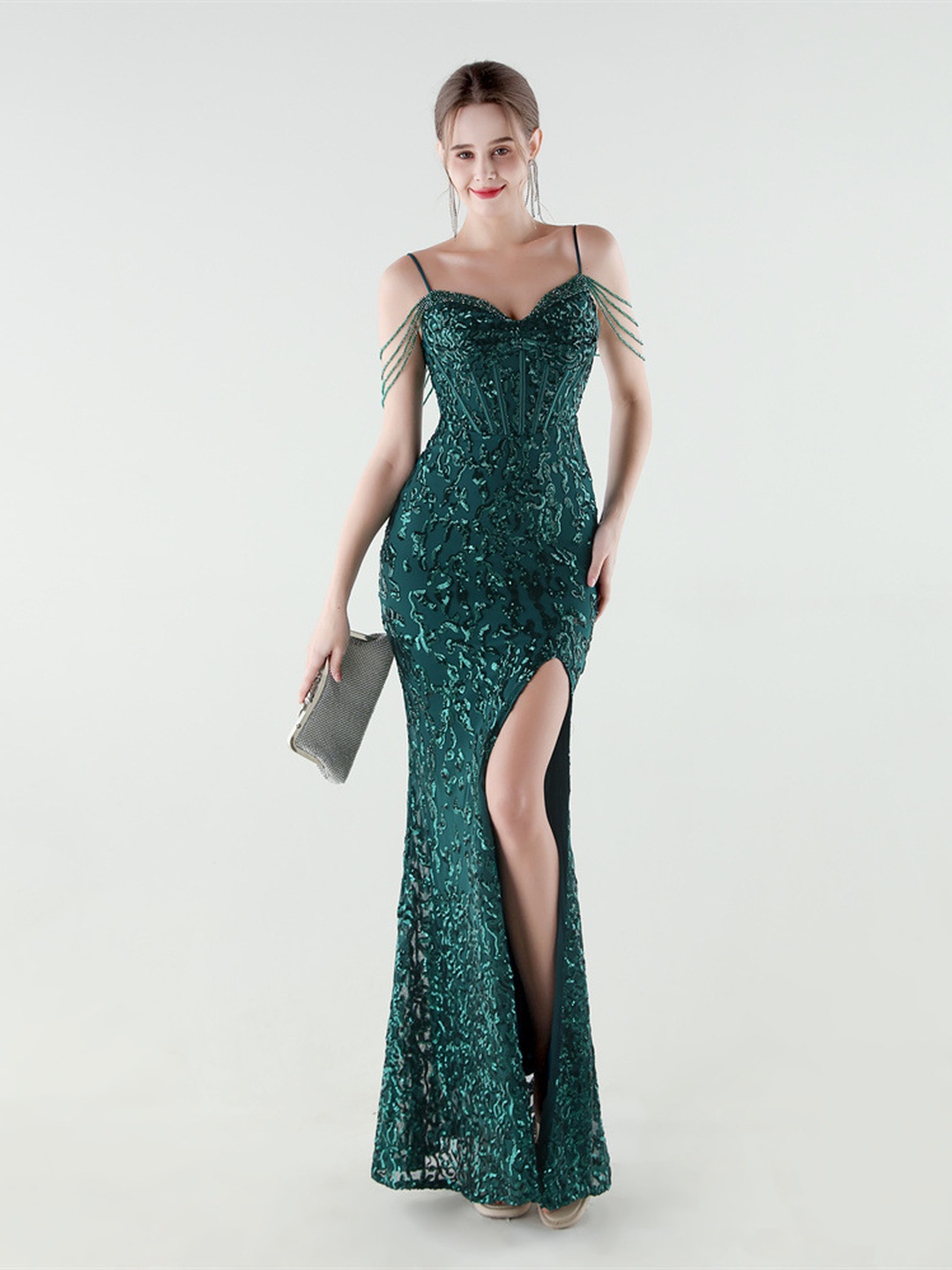 Dark Green Sequin Beaded Corset Mermaid Evening Dress with Slit