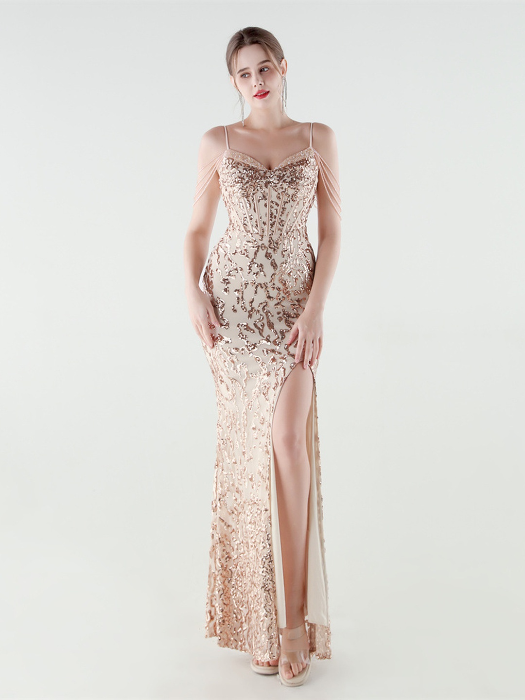 Rose Gold Sequin Beaded Corset Evening Gown with Side Slit