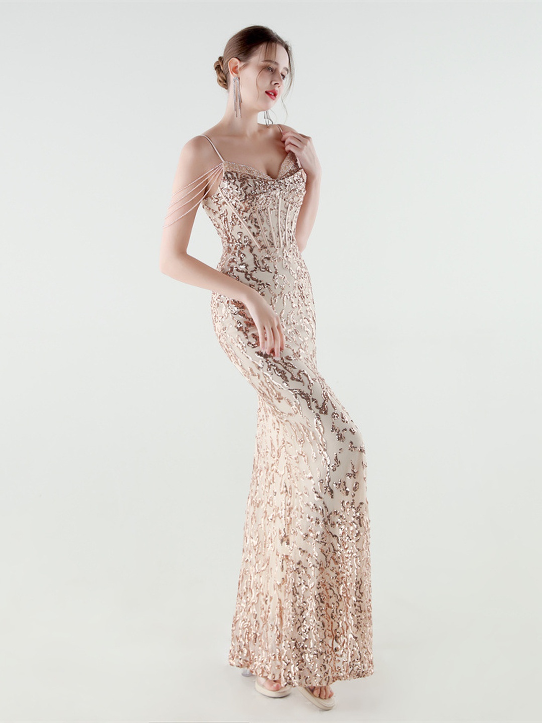 Rose Gold Sequin Beaded Corset Evening Gown with Side Slit
