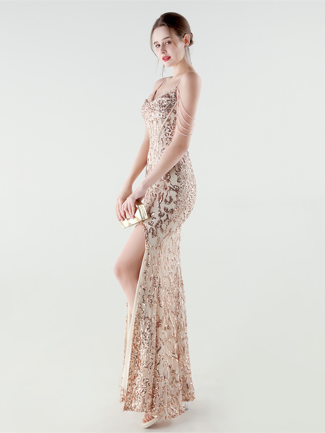 Rose Gold Sequin Beaded Corset Evening Gown with Side Slit