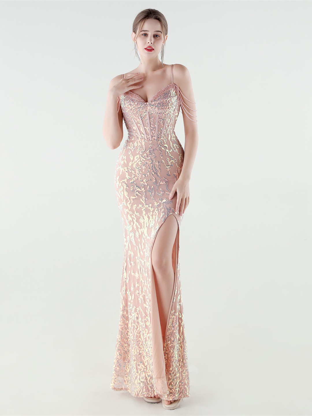 Peach Sequin Beaded Corset Evening Gown with High Slit