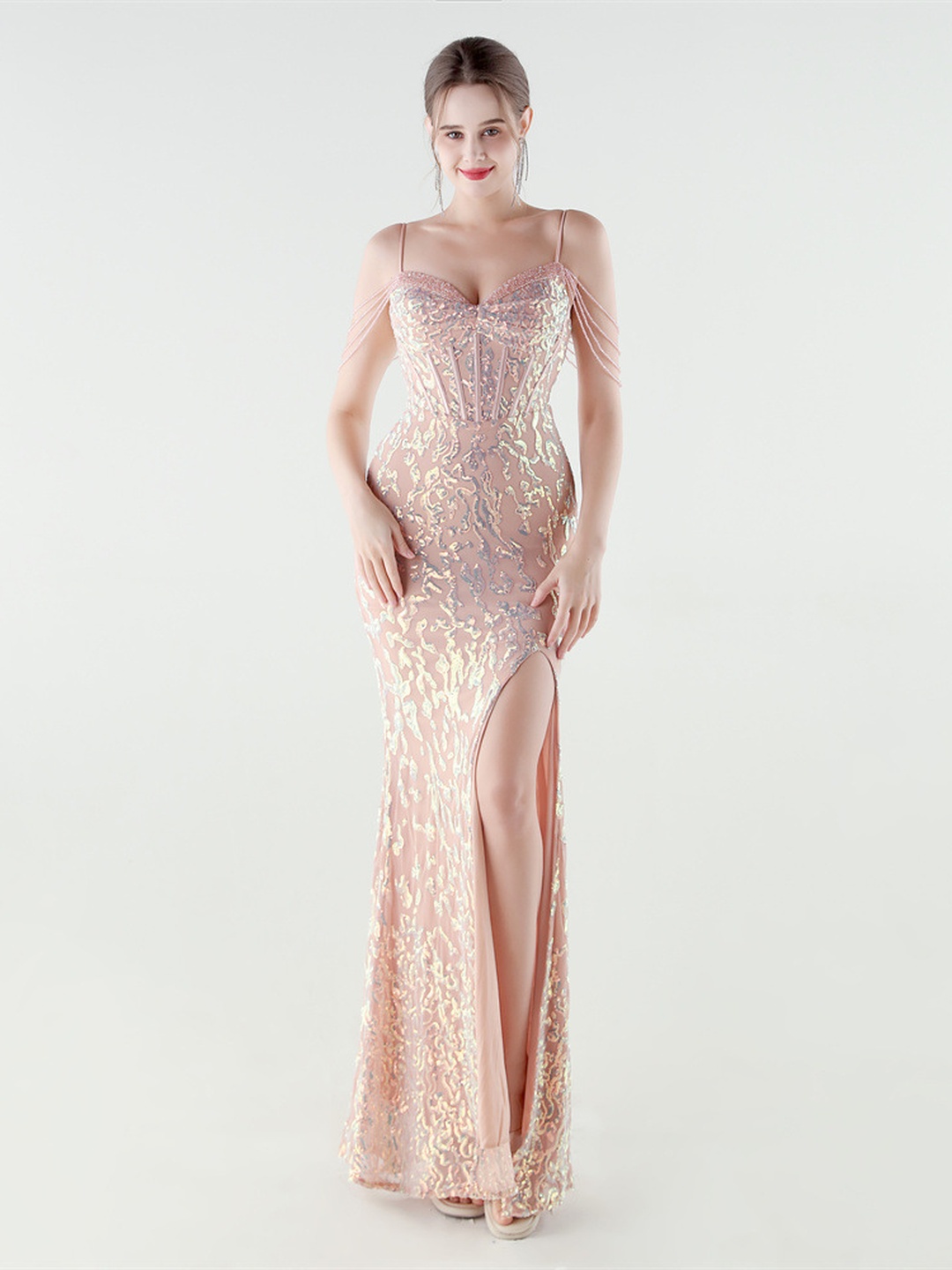 Peach Sequin Beaded Corset Evening Gown with High Slit