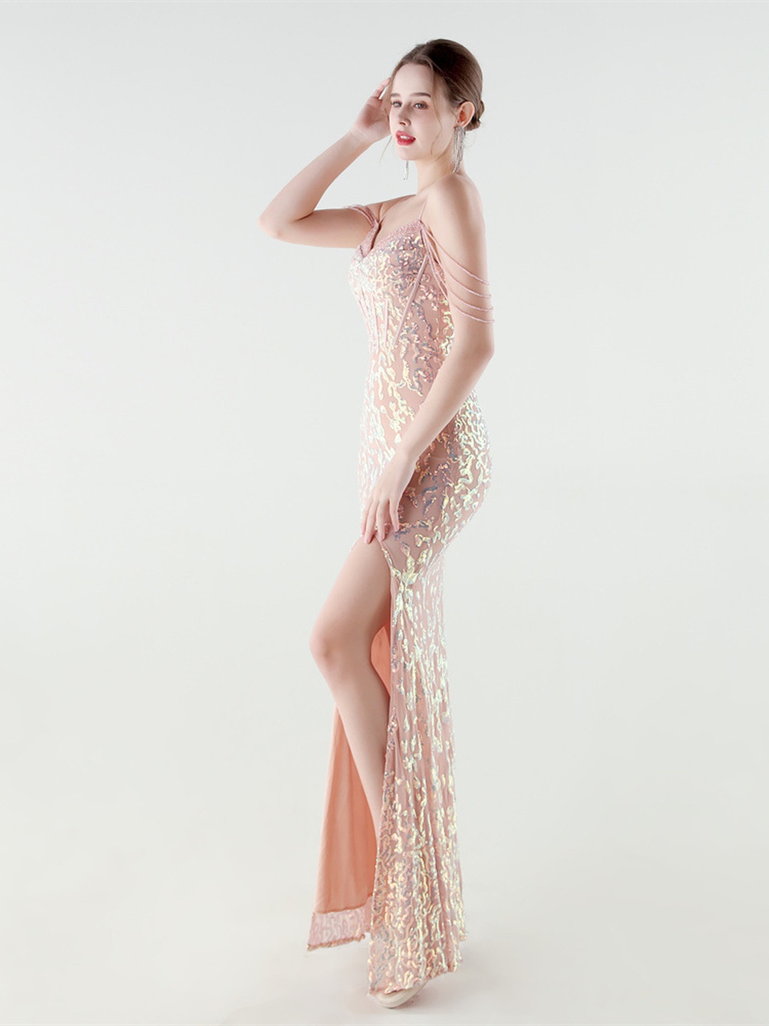 Peach Sequin Beaded Corset Evening Gown with High Slit