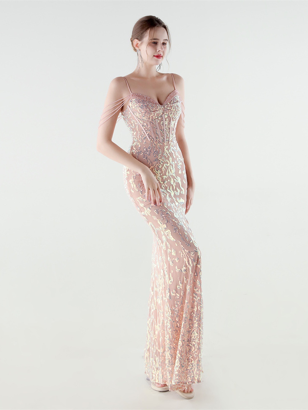 Peach Sequin Beaded Corset Evening Gown with High Slit