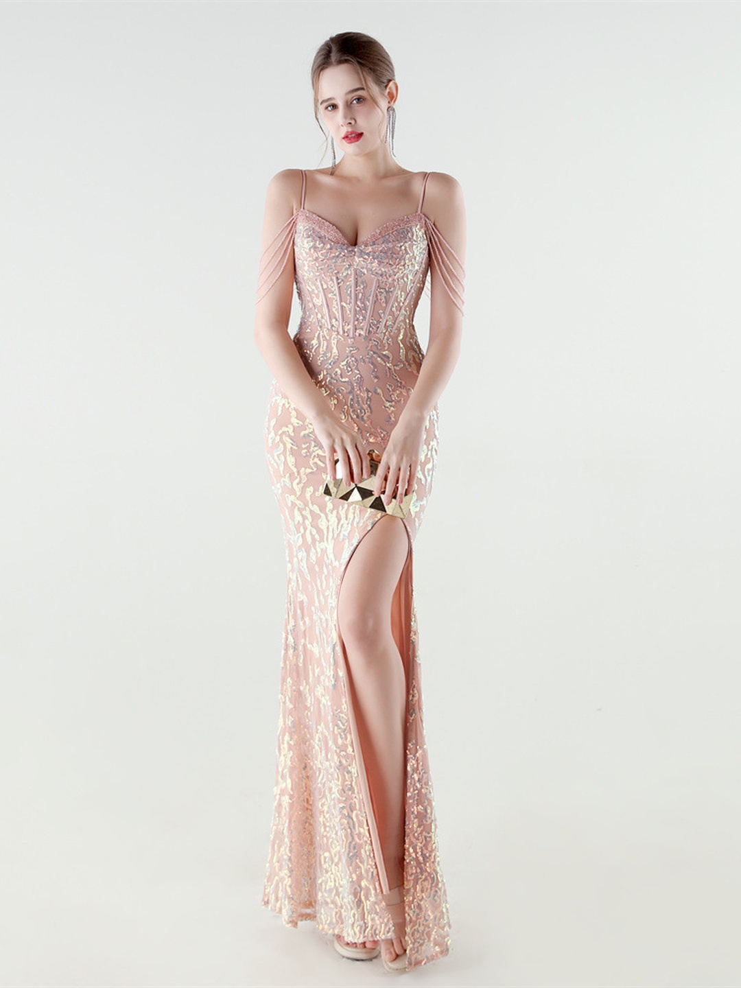 Peach Sequin Beaded Corset Evening Gown with High Slit