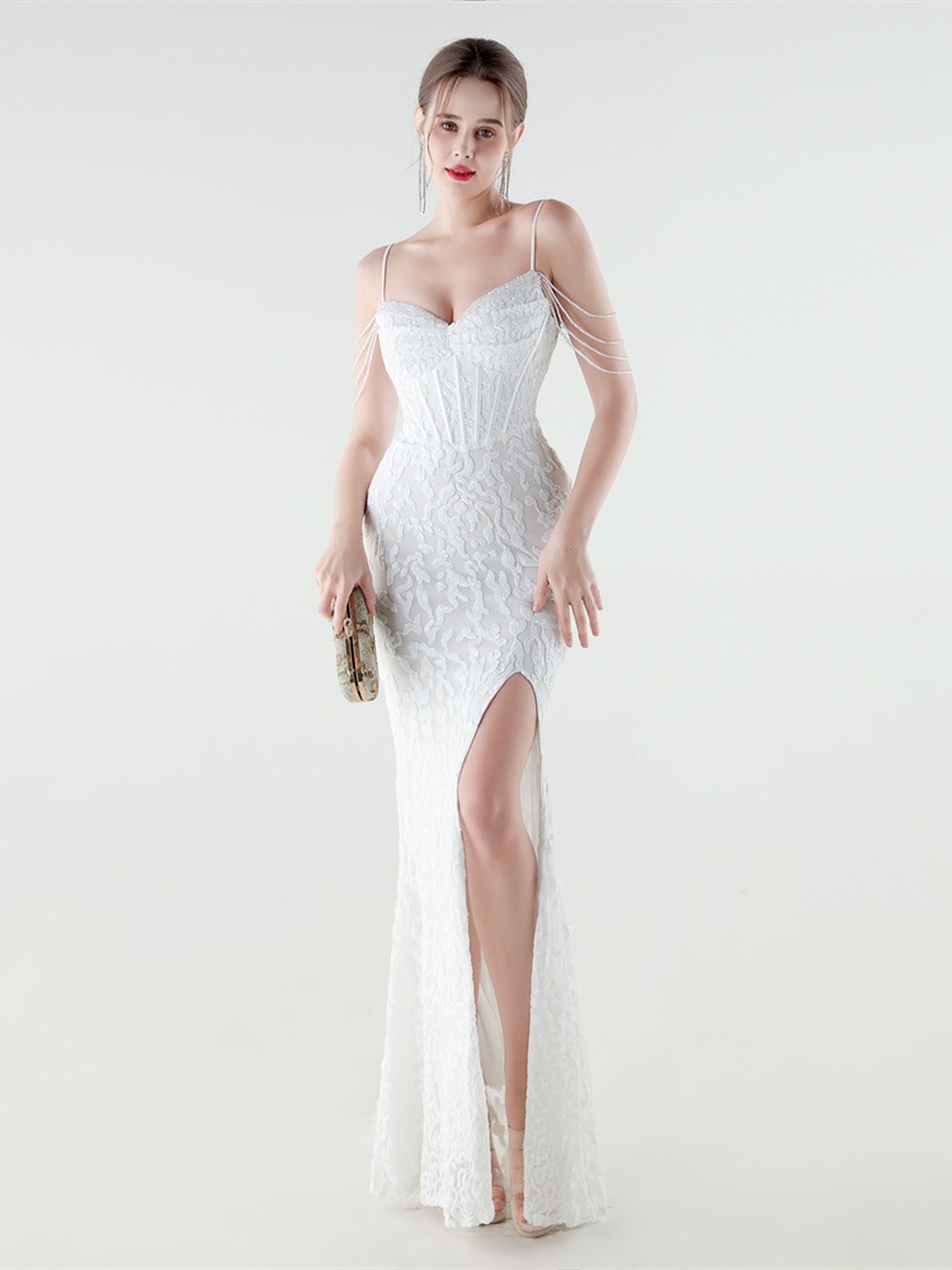 White Lace Corset Evening Gown with Spaghetti Straps and Slit