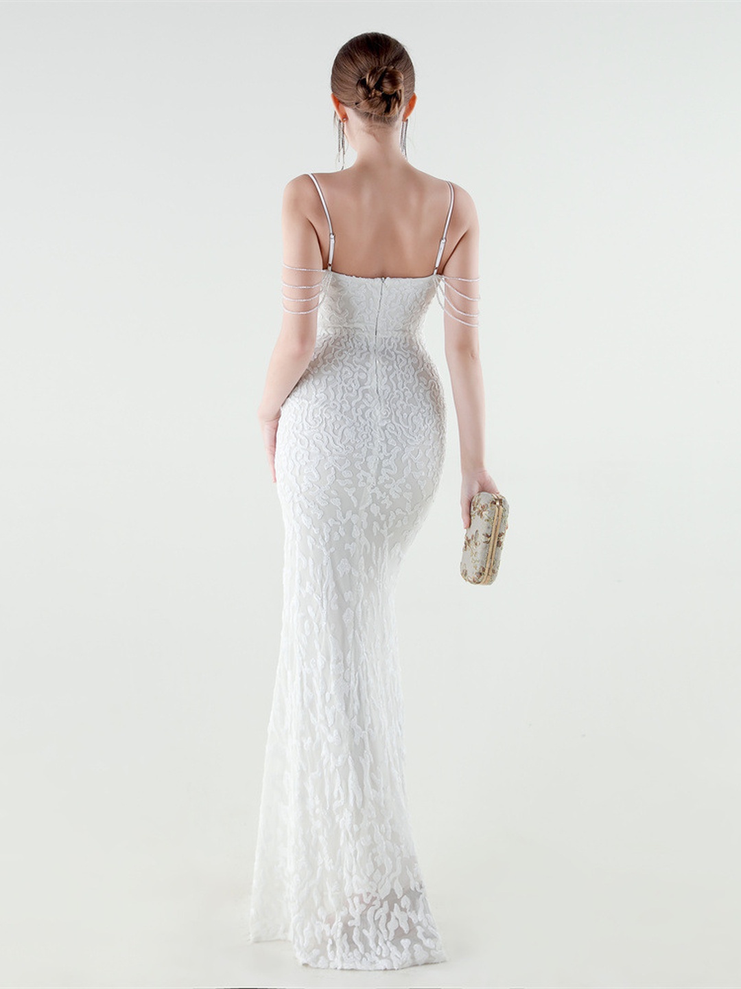 White Lace Corset Evening Gown with Spaghetti Straps and Slit