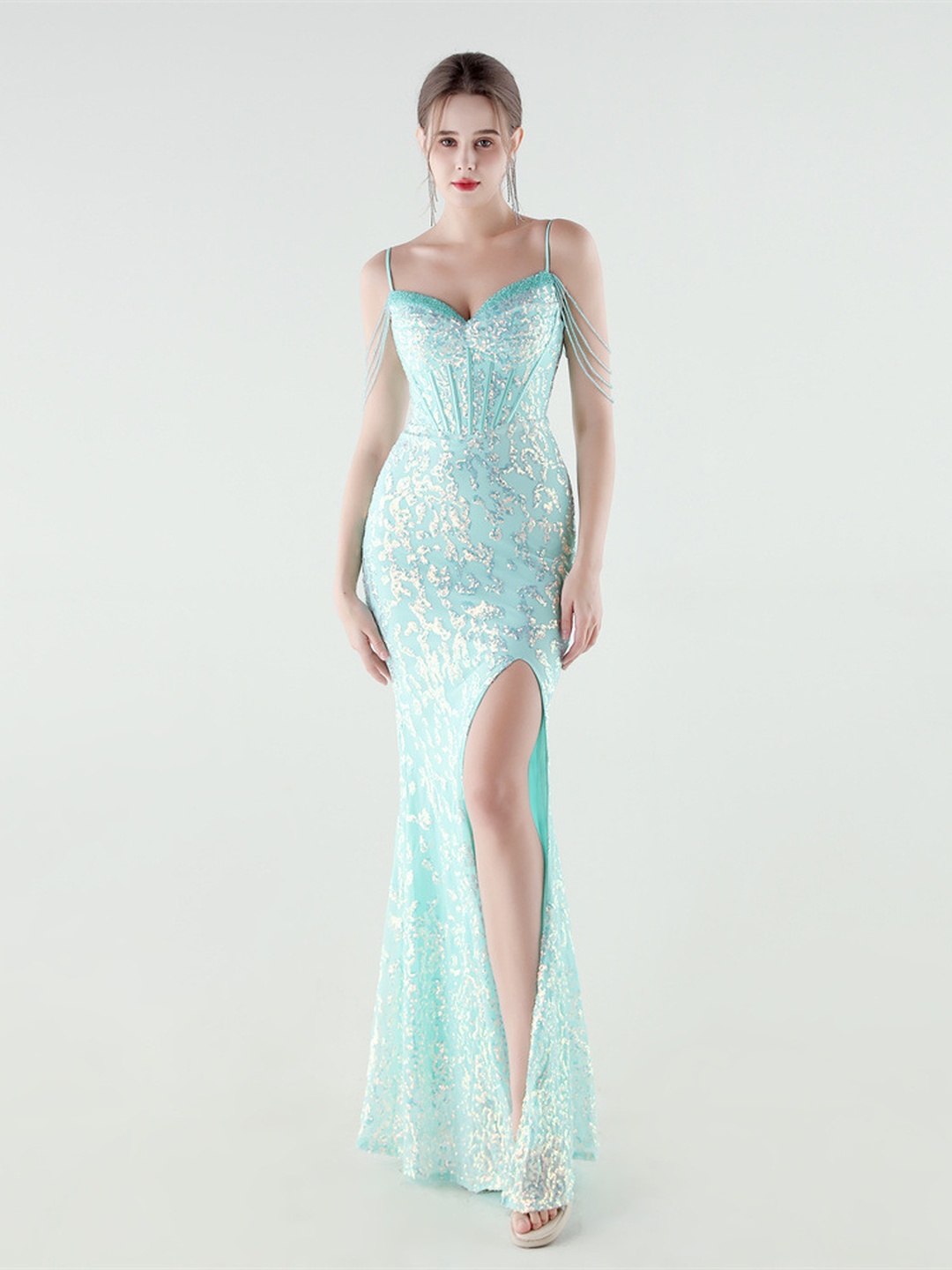Mint Green Sequin Beaded Mermaid Evening Dress with Side Slit