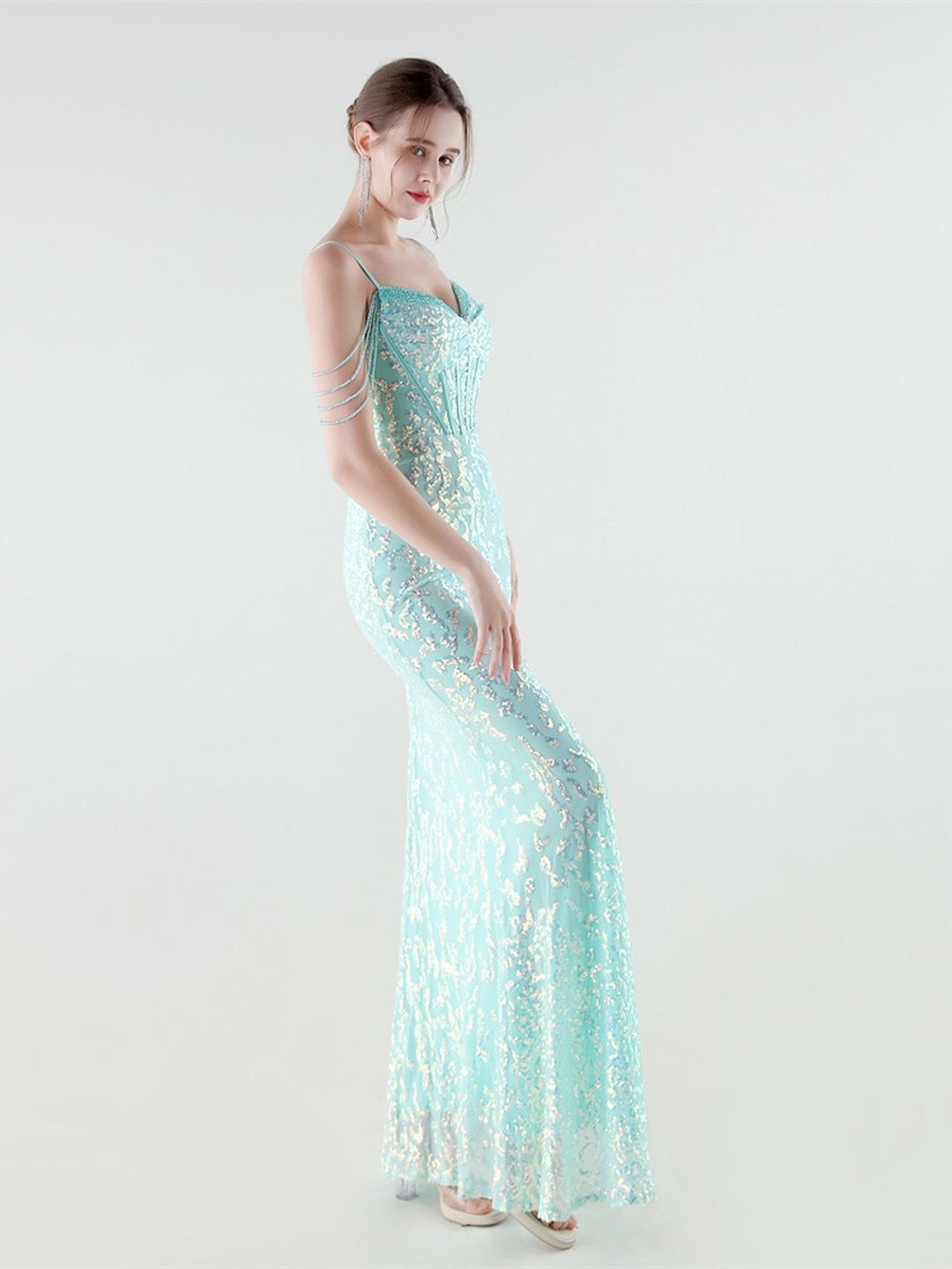 Mint Green Sequin Beaded Mermaid Evening Dress with Side Slit