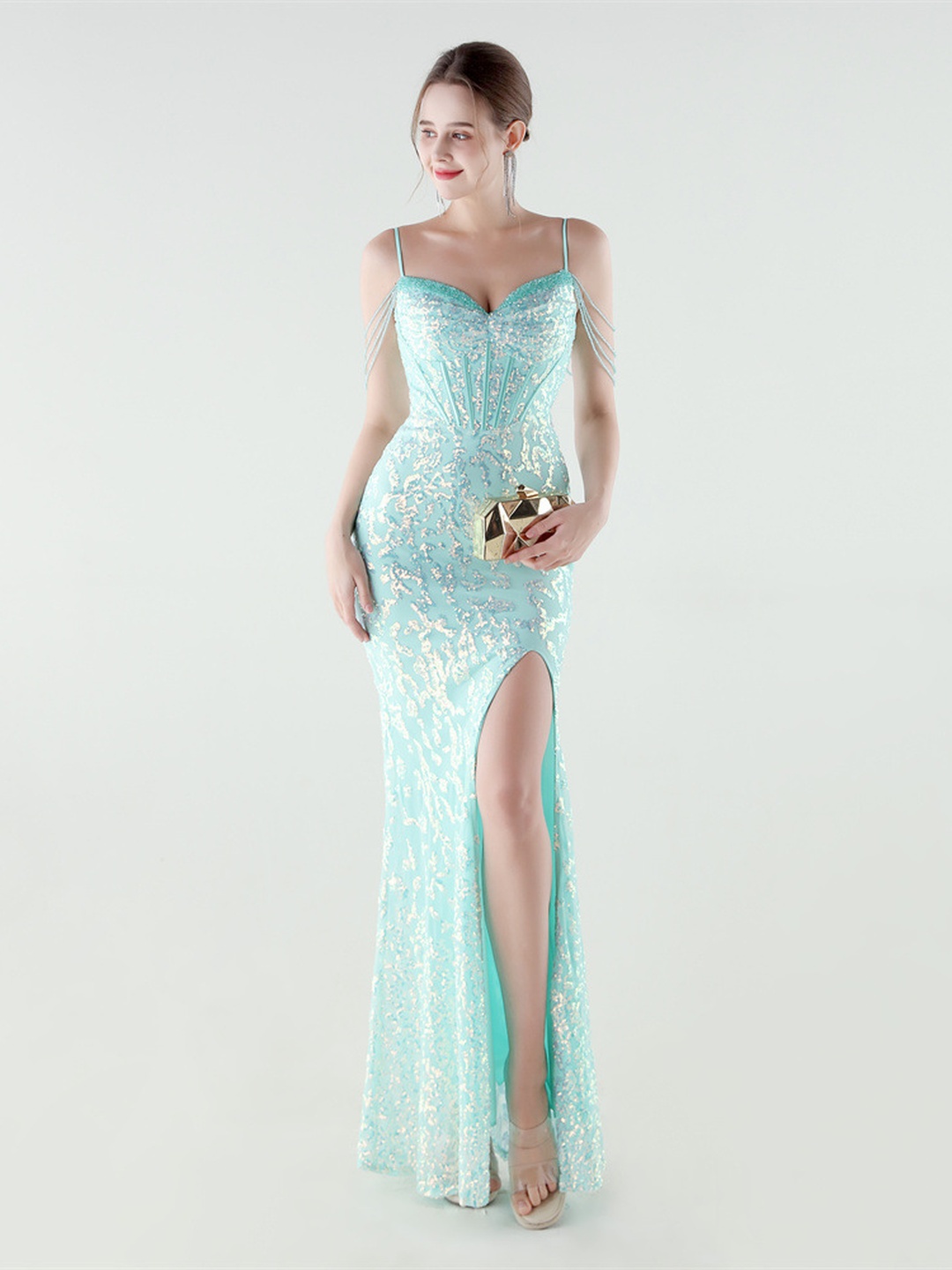 Mint Green Sequin Beaded Mermaid Evening Dress with Side Slit
