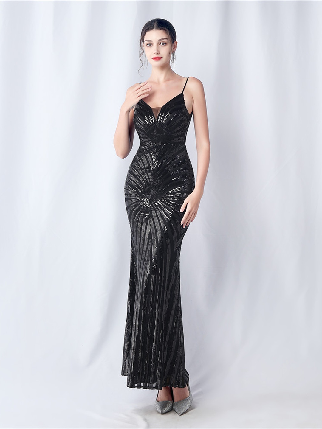 Black Sequin Spaghetti Strap Mermaid Evening Gown