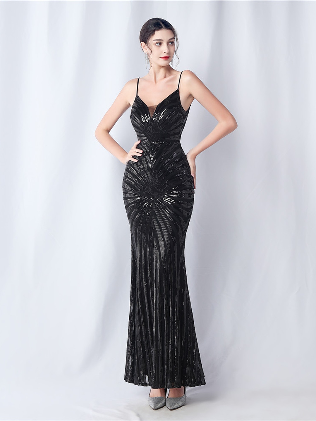 Black Sequin Spaghetti Strap Mermaid Evening Gown