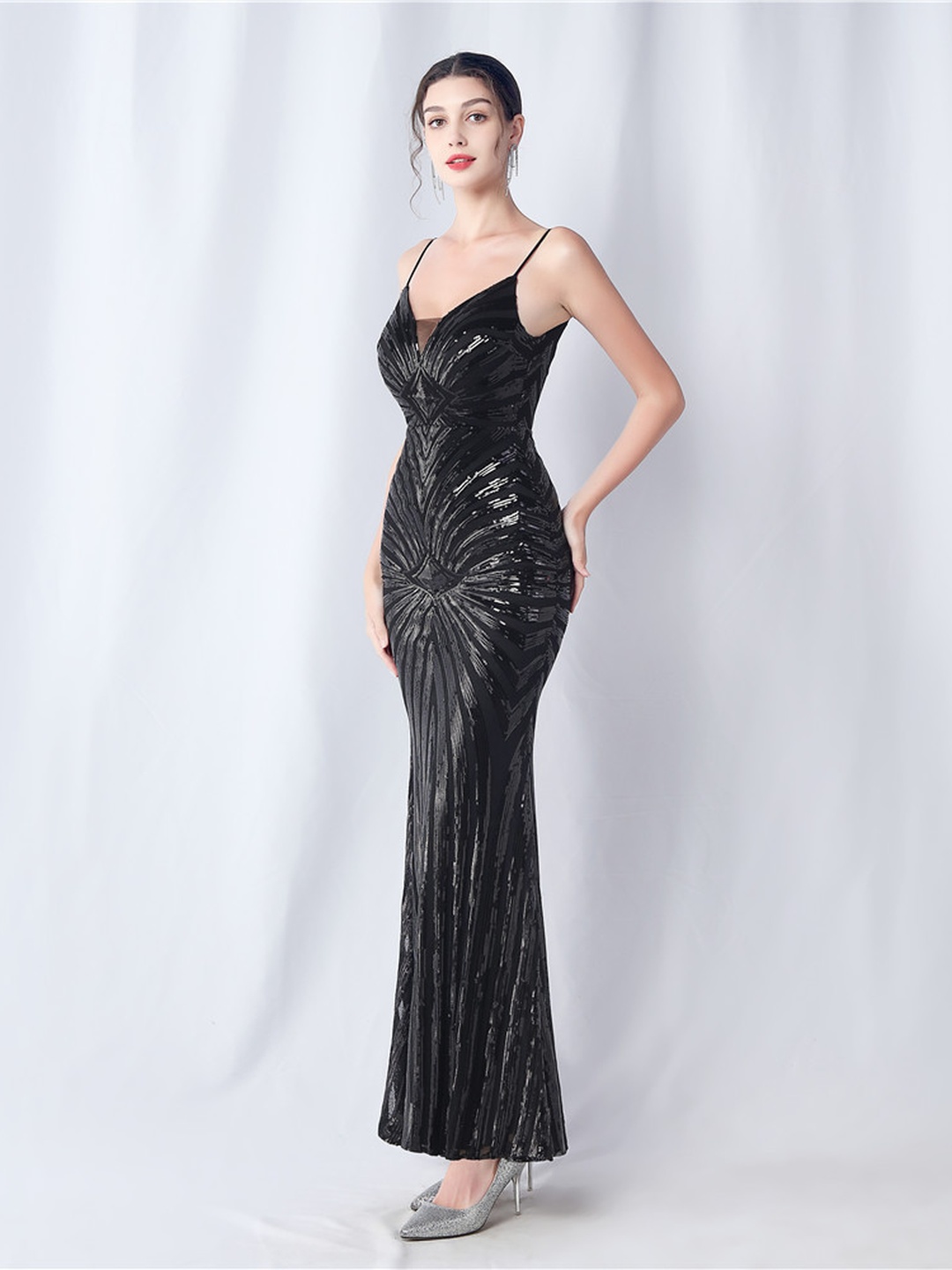 Black Sequin Spaghetti Strap Mermaid Evening Gown