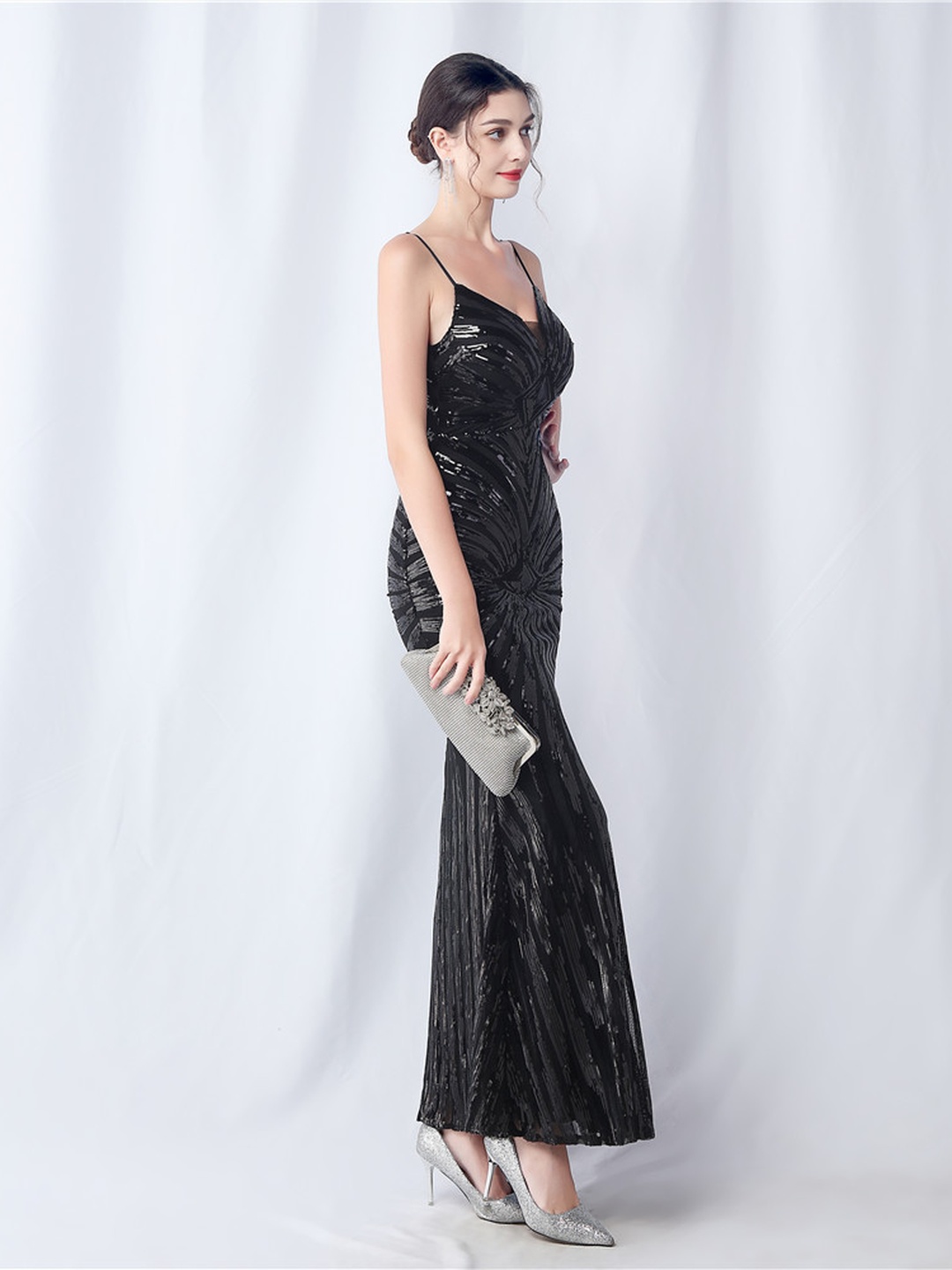 Black Sequin Spaghetti Strap Mermaid Evening Gown